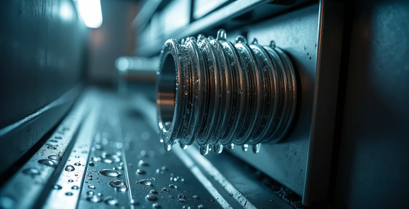 Vue macro du compresseur d'un réfrigérateur avec condensation visible et texture métallique