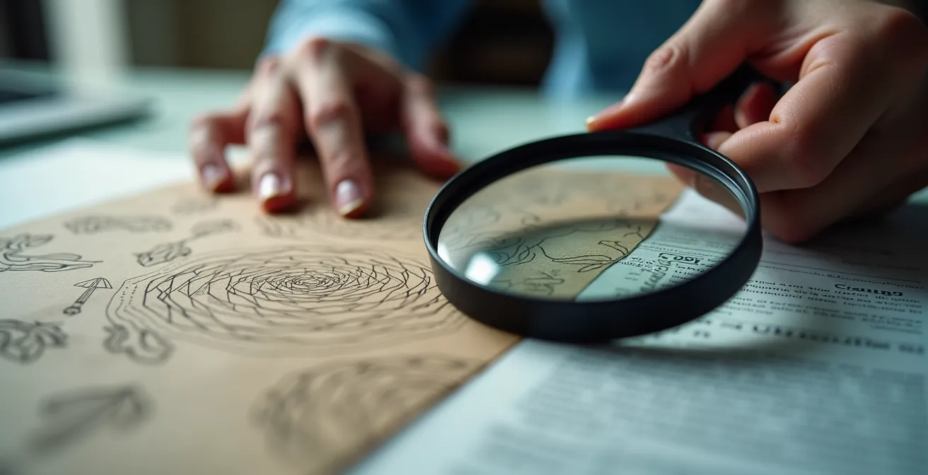 Gros plan sur des mains examinant attentivement un document avec une loupe