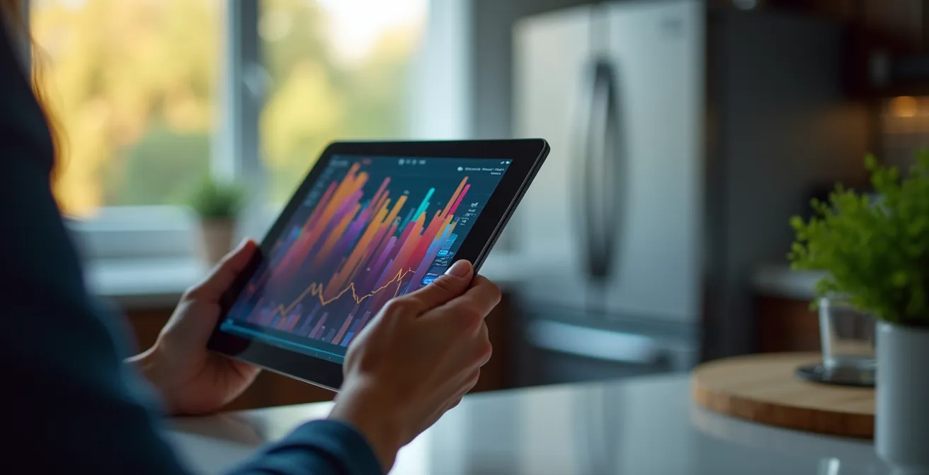 Personne tenant une tablette avec graphiques colorés abstraits dans une cuisine lumineuse