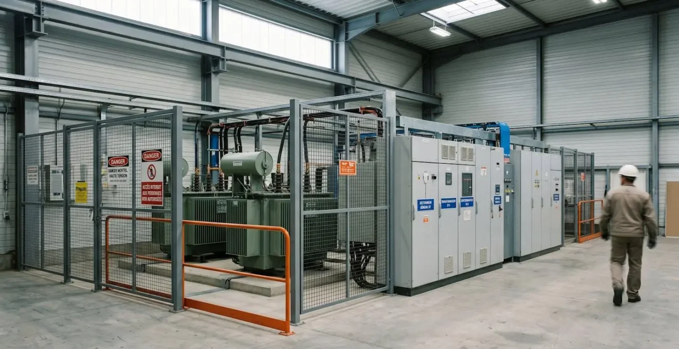 Installation de transformation électrique industrielle HTA/BT avec transformateurs et armoires de comptage dans une usine française, illustrant la gestion énergétique en contexte professionnel