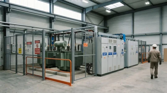 Installation de transformation électrique industrielle HTA/BT avec transformateurs et armoires de comptage dans une usine française, illustrant la gestion énergétique en contexte professionnel