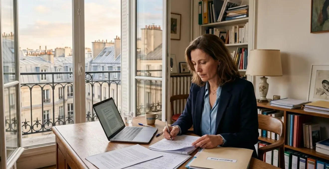 Responsable administratif parisien analysant des contrats d'énergie sur un bureau avec vue sur la ville