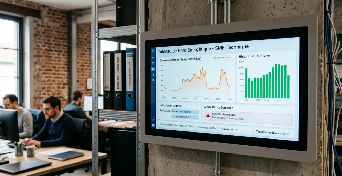 Tableau de bord de monitoring énergétique temps réel affichant courbes de consommation et alertes de pic dans un bureau technique de PME française