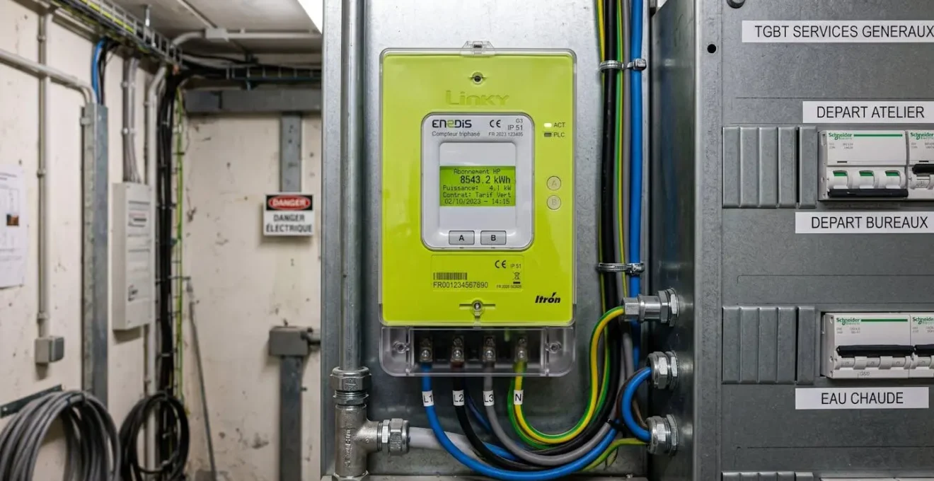 Compteur électrique communicant Linky professionnel installé sur tableau électrique dans un local commercial français, avec affichage numérique actif