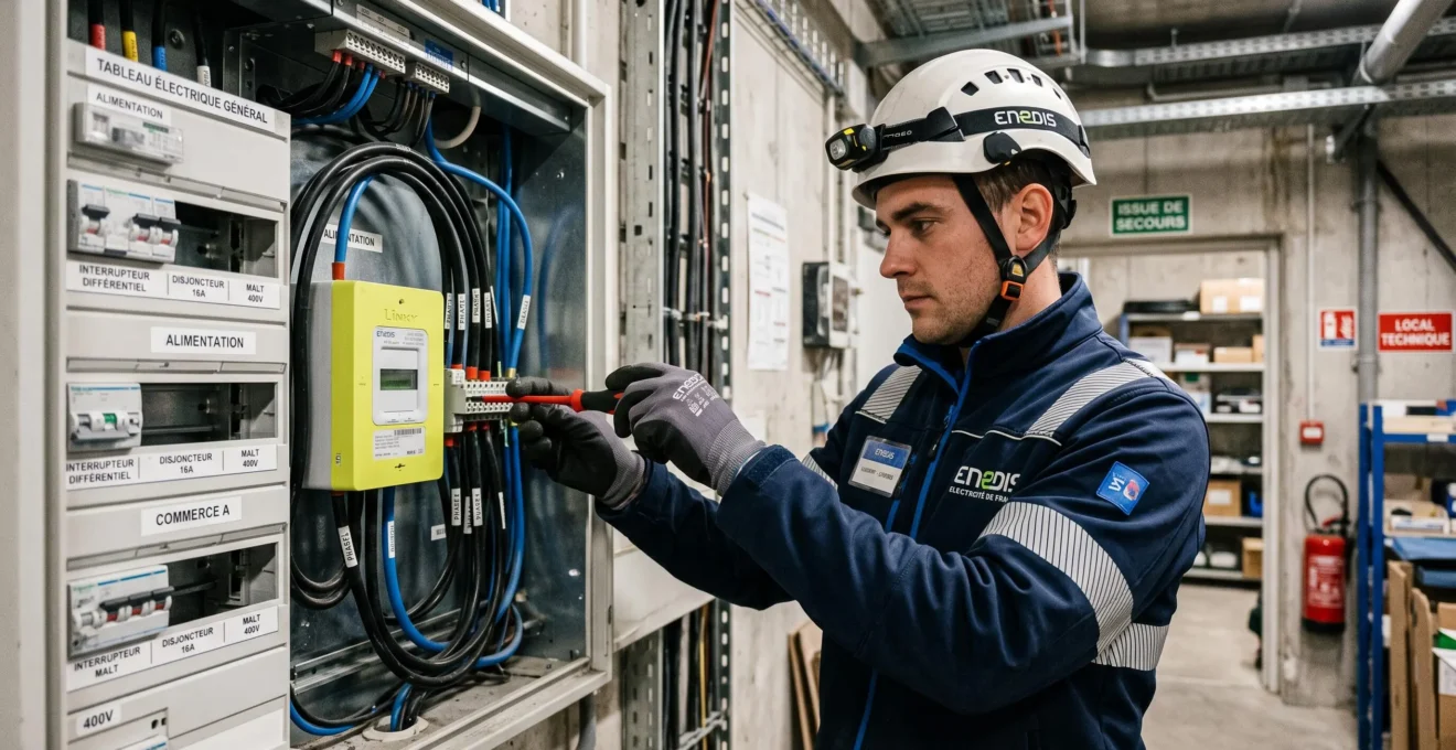 Technicien Enedis en intervention sur un tableau électrique professionnel dans un local commercial français, effectuant des opérations de mise en service du compteur