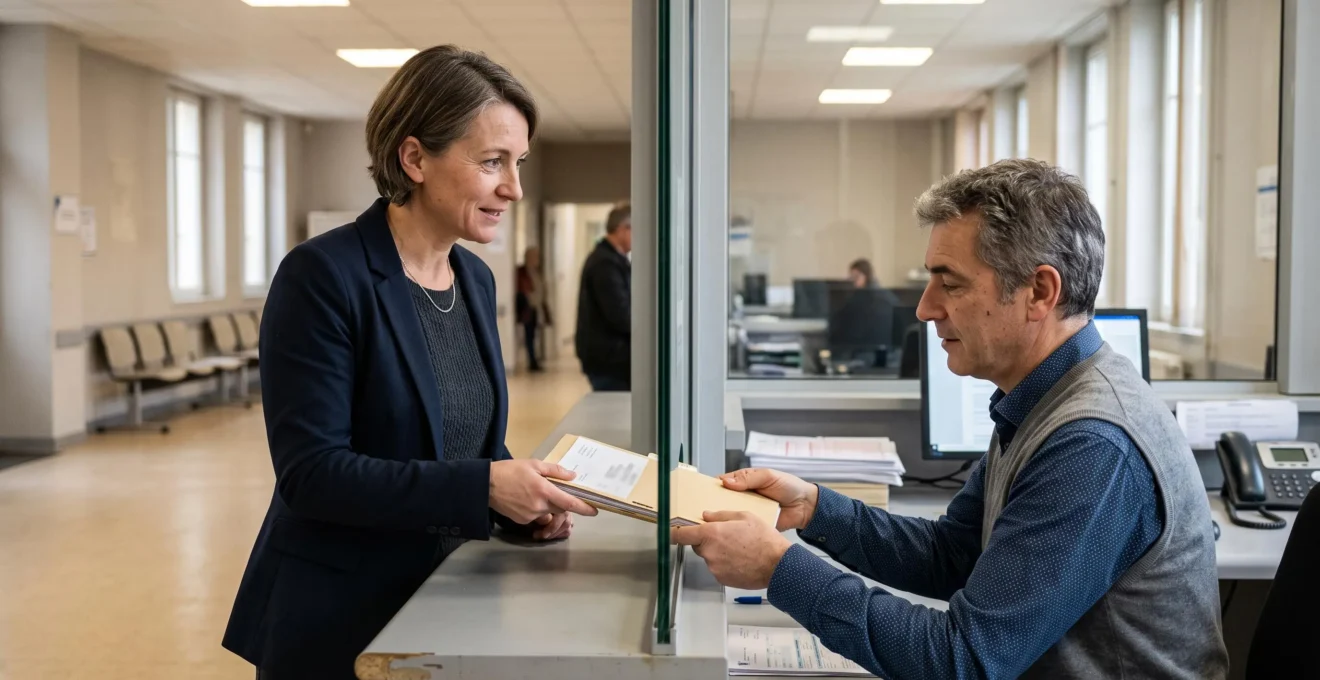 Un comptable d'entreprise remet un dossier papier à un agent derrière le comptoir d'un service des impôts.