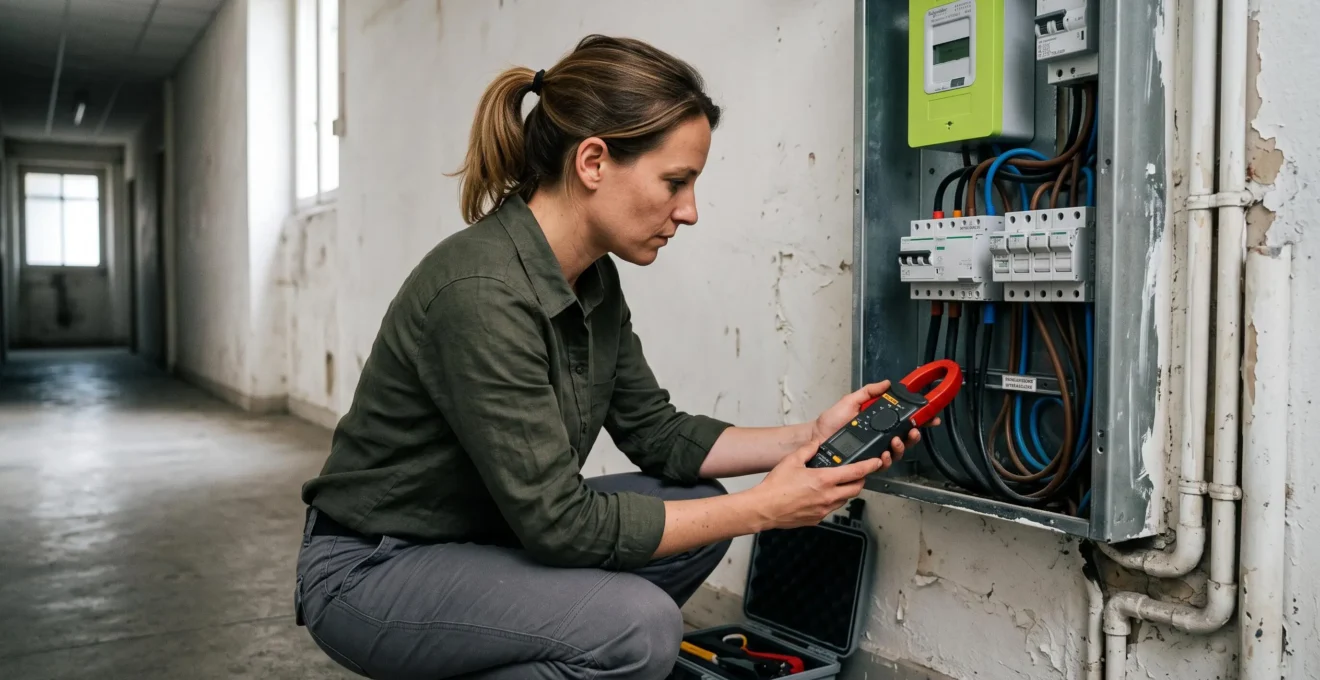Une consultante en énergie mesure les câbles électriques d'un tableau de comptage avec une pince ampèremétrique.