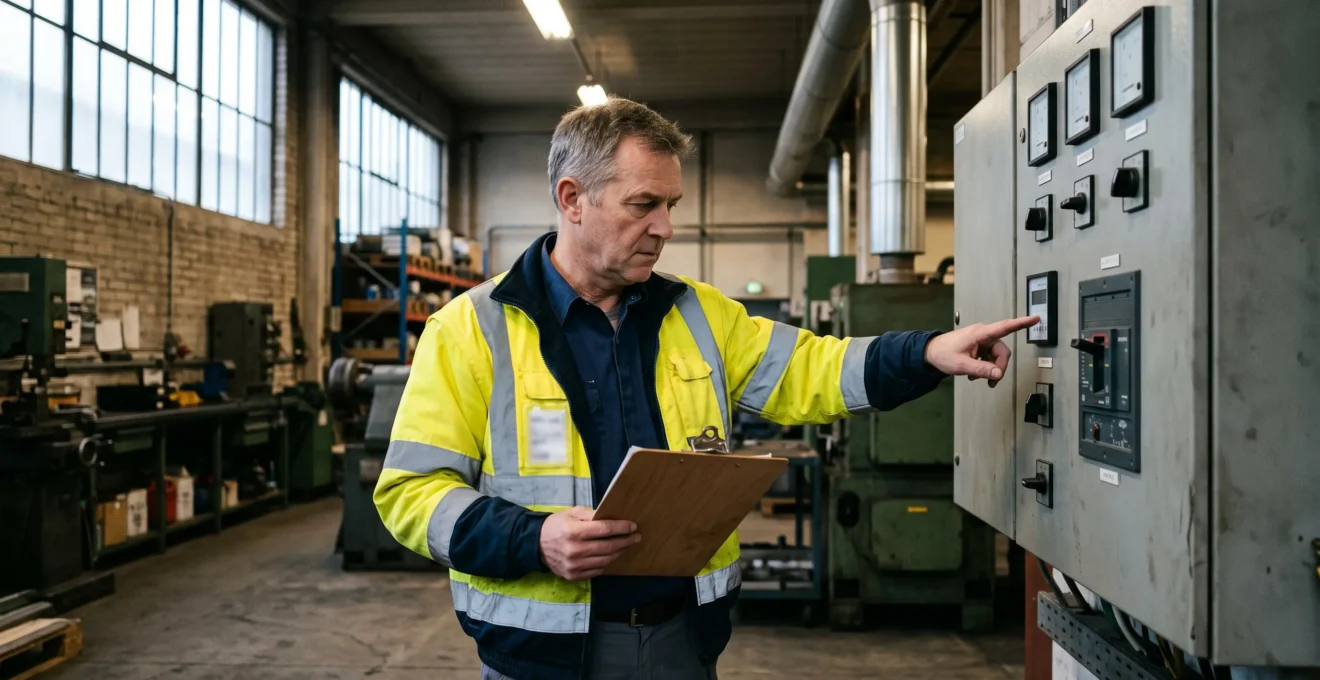 Un responsable d'atelier industriel examine le compteur et le tableau de distribution électrique de son usine.