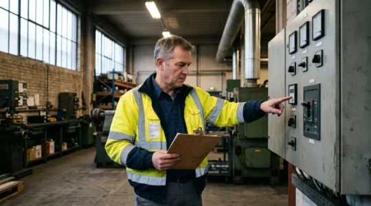 Un responsable d'atelier industriel examine le compteur et le tableau de distribution électrique de son usine.