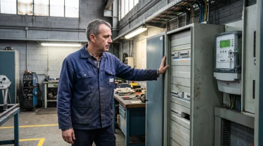 Responsable de site vérifiant le compteur d'électricité et le tableau électrique général d'une PME industrielle.