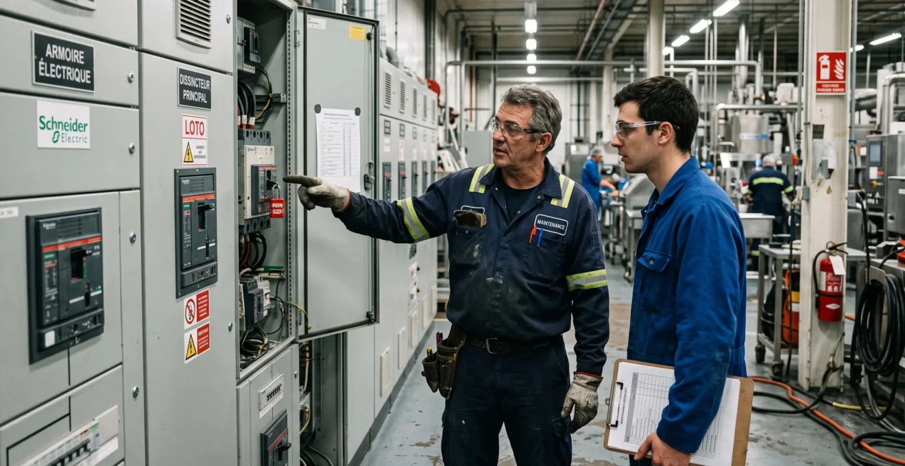 Un technicien de maintenance et son collègue examinent une rangée d'armoires électriques dans un atelier agroalimentaire.